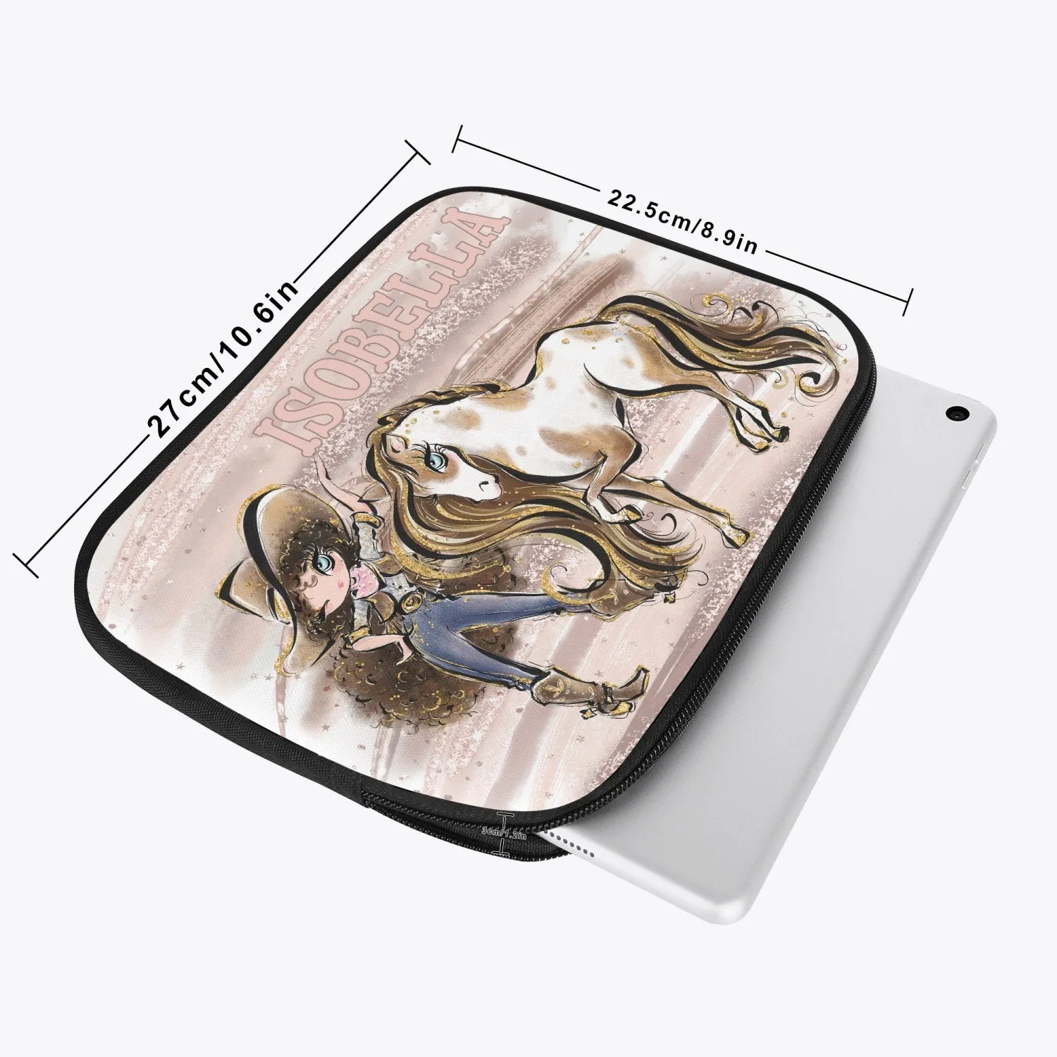 Tablet Sleeve - Howdy, Cowgirl and Horse, Brunette Curly Hair, Blue Eyes