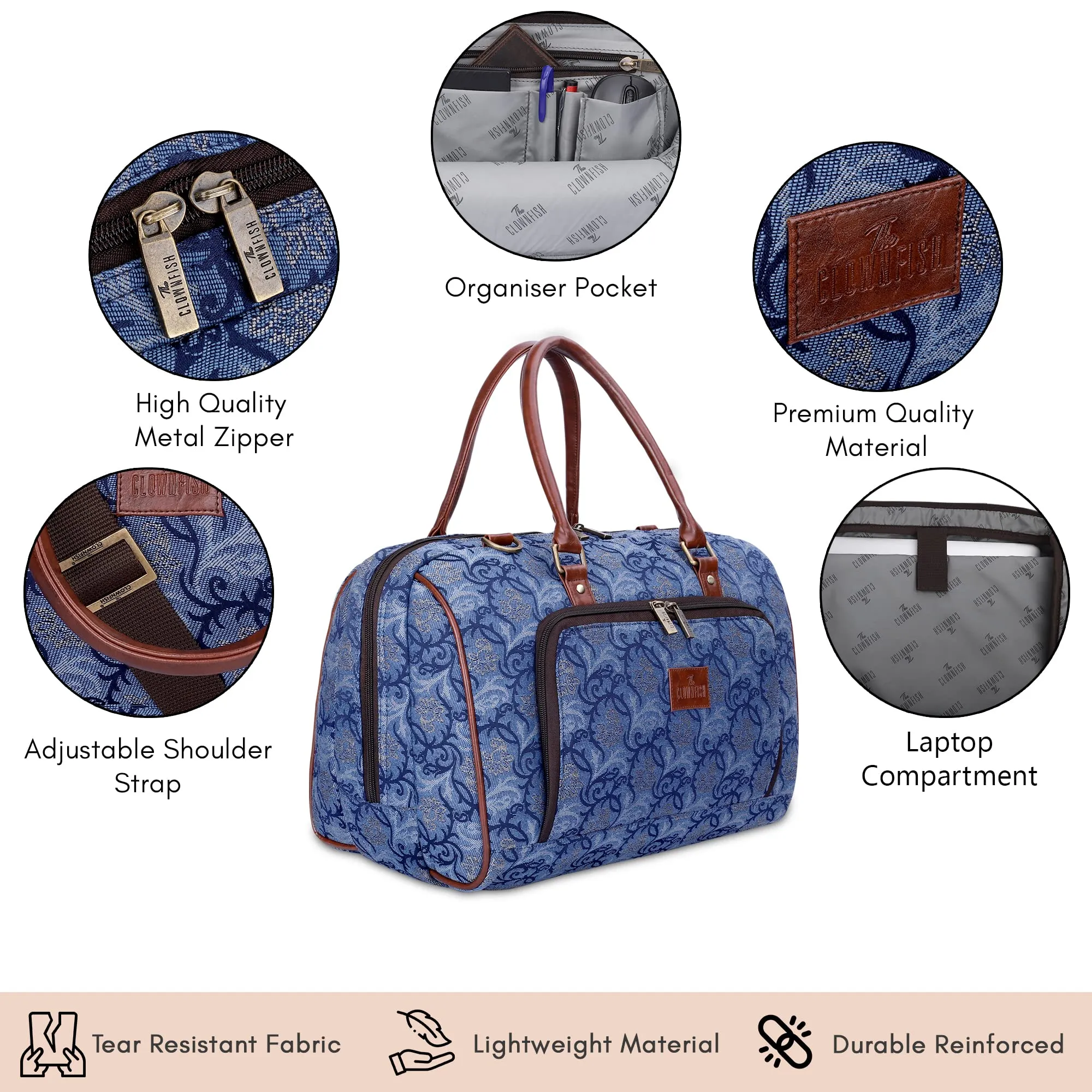 THE CLOWNFISH Fabric Oceania 28 Litres Tapestry Business Travel Duffle Carry-On Luggage Bag With 15.6 Inch Laptop Sleeve (Blue-Floral), 24 Centimeters