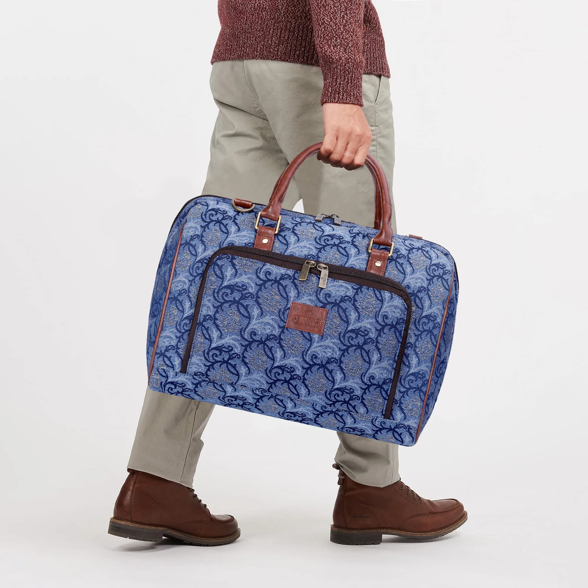 THE CLOWNFISH Fabric Oceania 28 Litres Tapestry Business Travel Duffle Carry-On Luggage Bag With 15.6 Inch Laptop Sleeve (Blue-Floral), 24 Centimeters