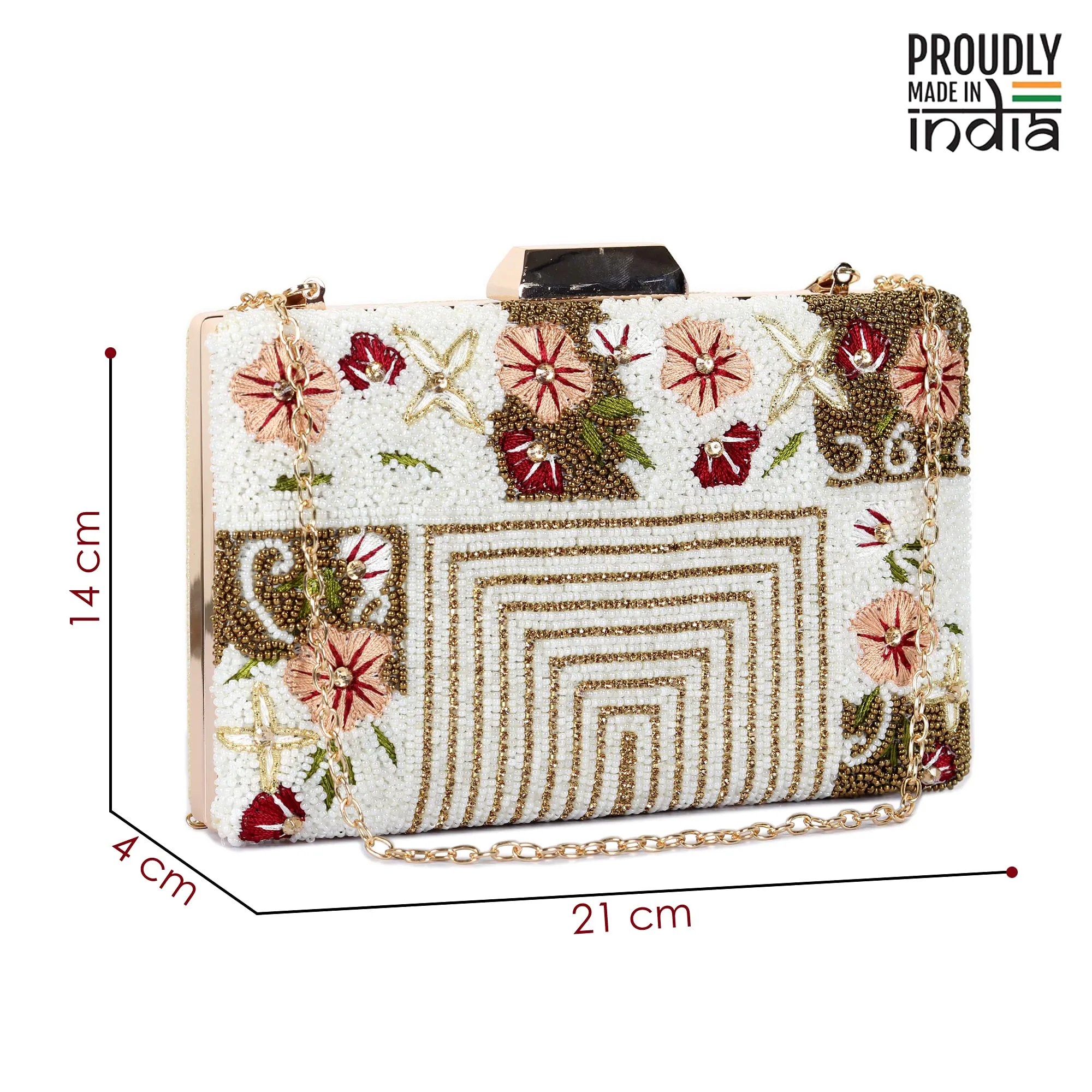 THE CLOWNFISH Senorita Collection Womens Party Clutch Ladies Wallet Evening Bag with Fashionable Beads Work and Floral Embroidered Design (White)