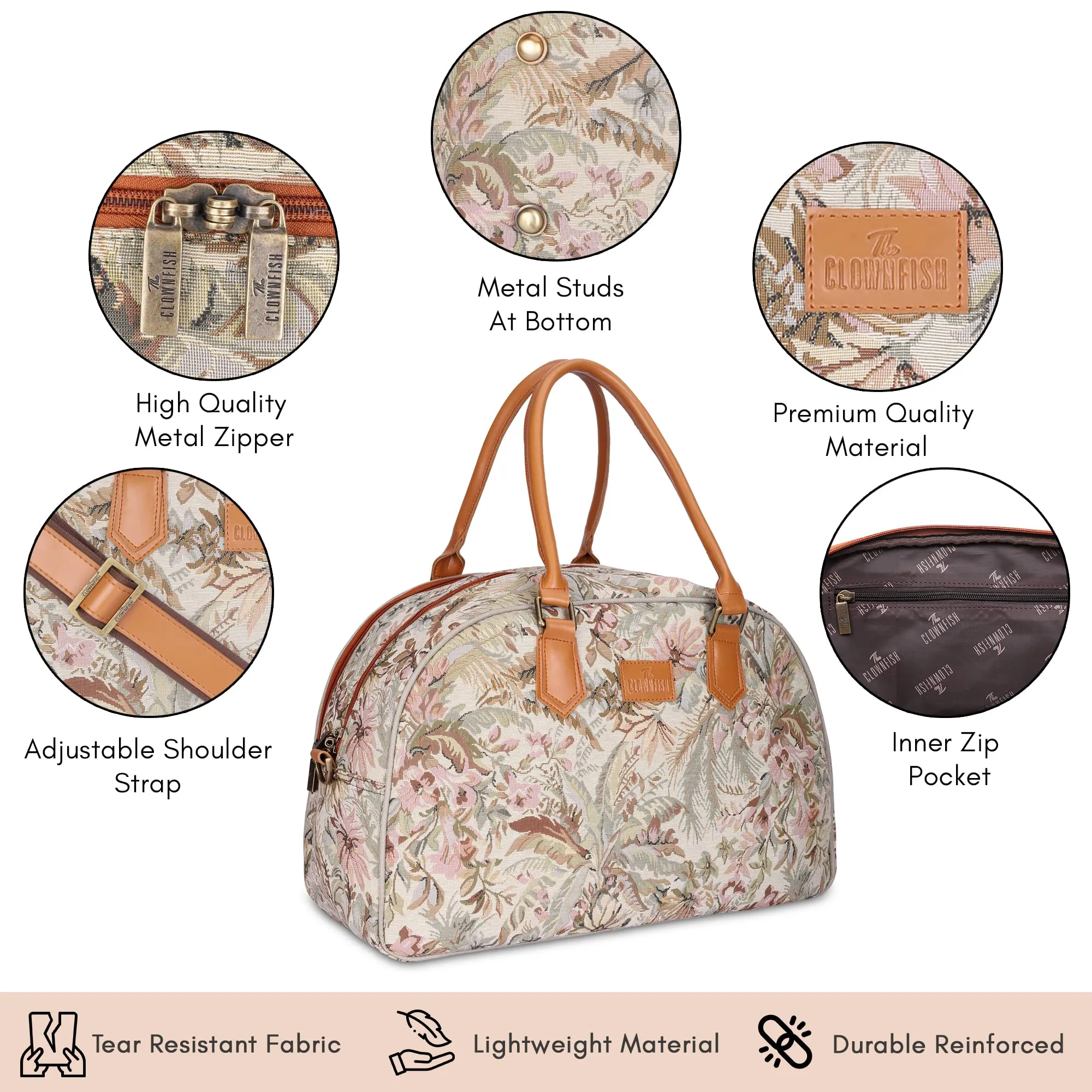 The Clownfish Ziana Series 24 litres Tapestry & Faux Leather Unisex Travel Duffle Bag Luggage Weekender Bag (Beige)