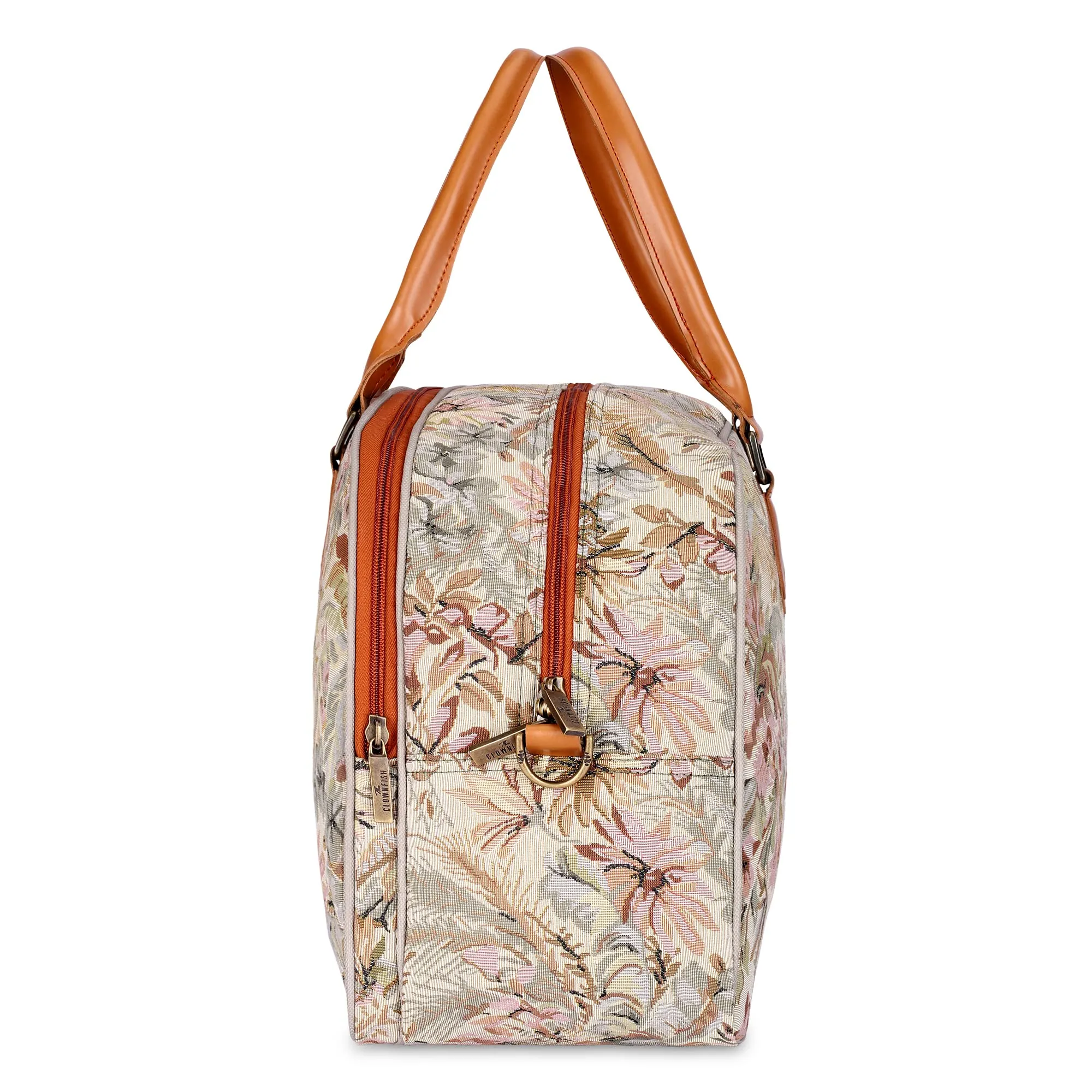 The Clownfish Ziana Series 24 litres Tapestry & Faux Leather Unisex Travel Duffle Bag Luggage Weekender Bag (Beige)