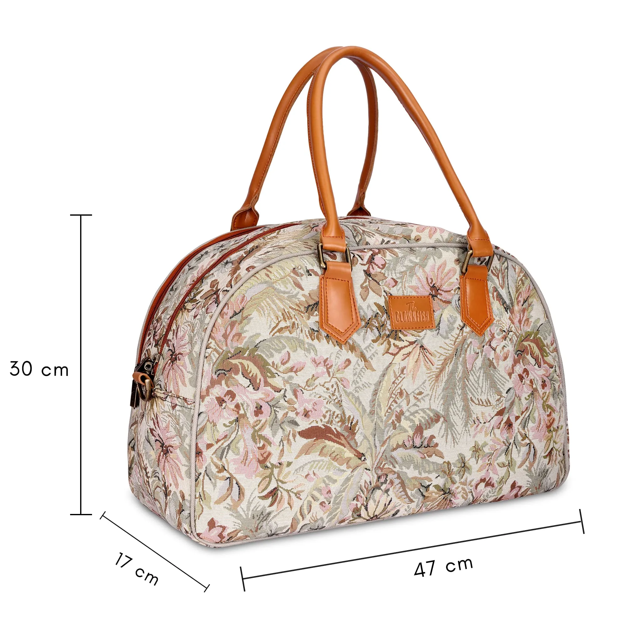 The Clownfish Ziana Series 24 litres Tapestry & Faux Leather Unisex Travel Duffle Bag Luggage Weekender Bag (Beige)