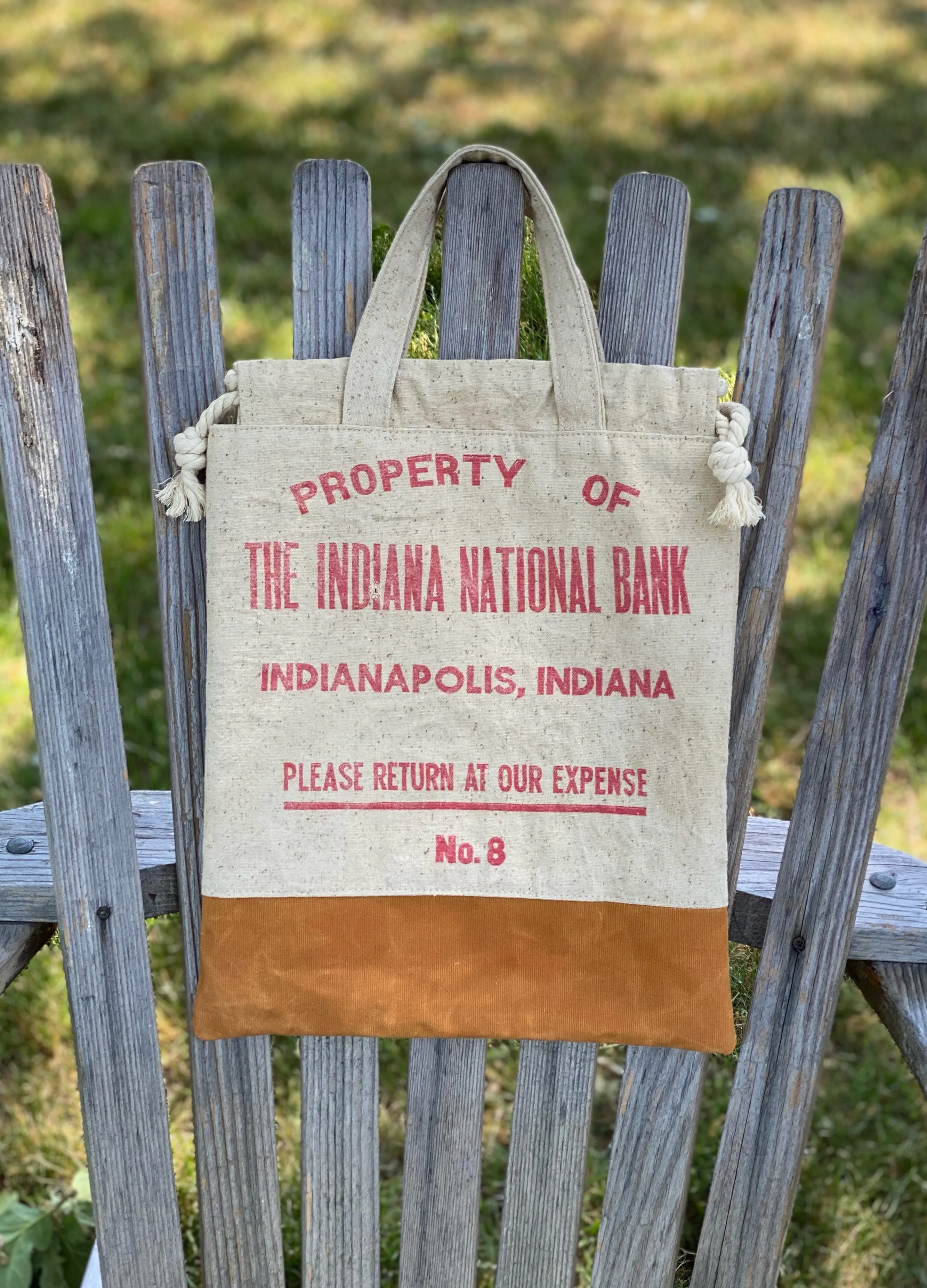 Vintage Indiana National Bank Indianapolis Upcylced Money Bag Canvas Tote Project Beach Carryall