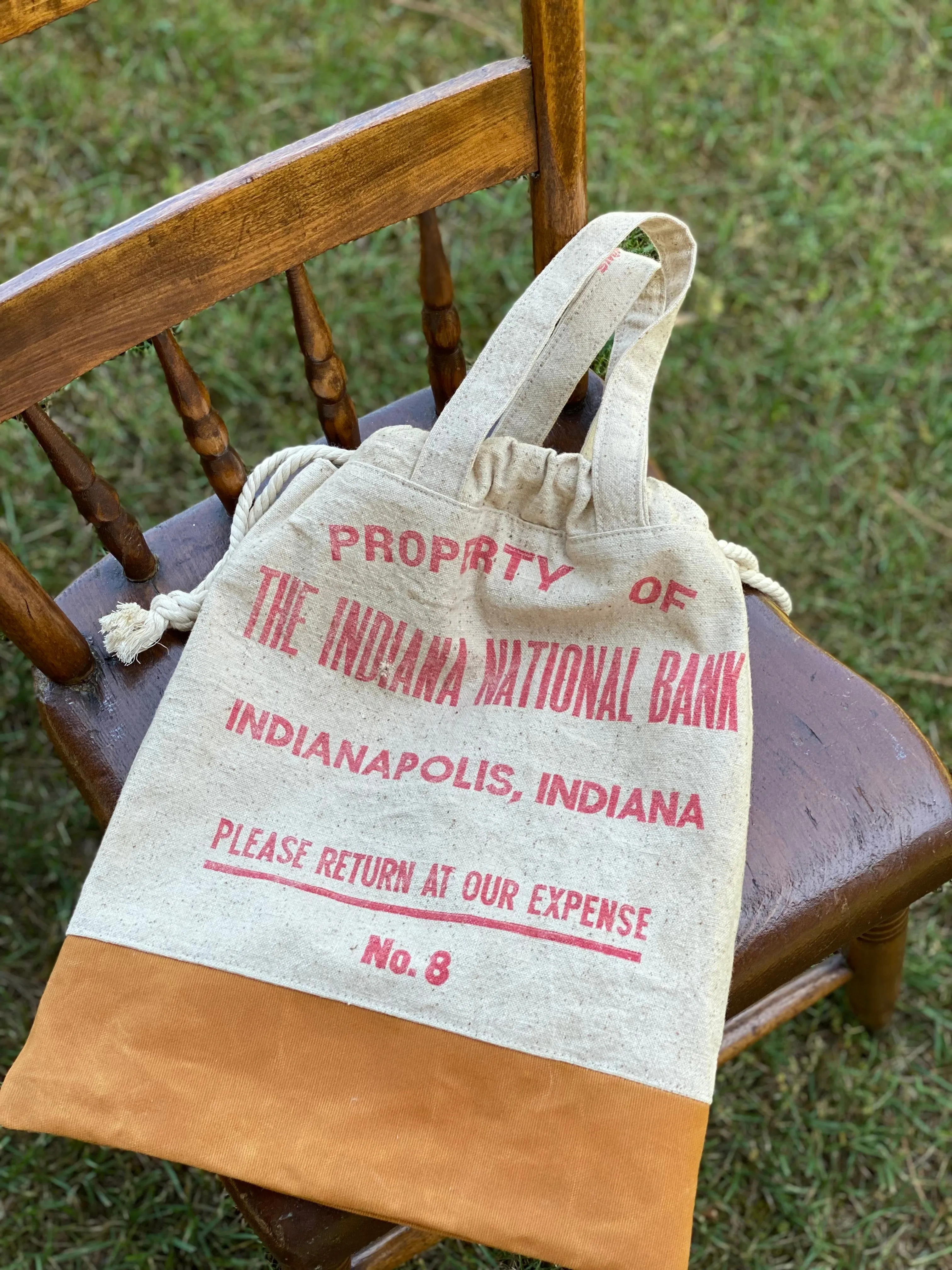 Vintage Indiana National Bank Indianapolis Upcylced Money Bag Canvas Tote Project Beach Carryall