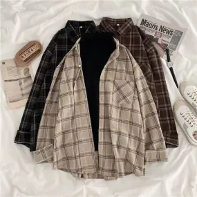 Vintage Women Plaid Shirts Autumn Long Sleeve Oversize Button Up Tops Korean Loose Casual Fall Outwear Femme Shirts