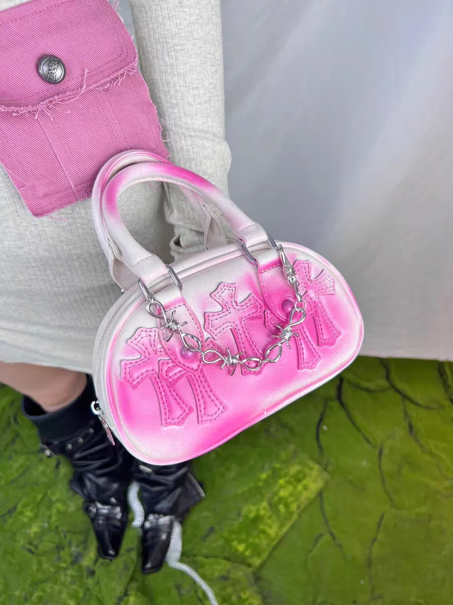 White Cross Handbag Y2K Sweet Hot Pink Leather Silver Chain Messenger Bag