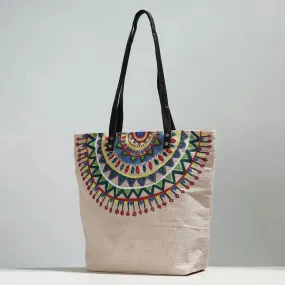 White - Mandala Art - Handpainted Jute Cotton Shoulder Bag 06