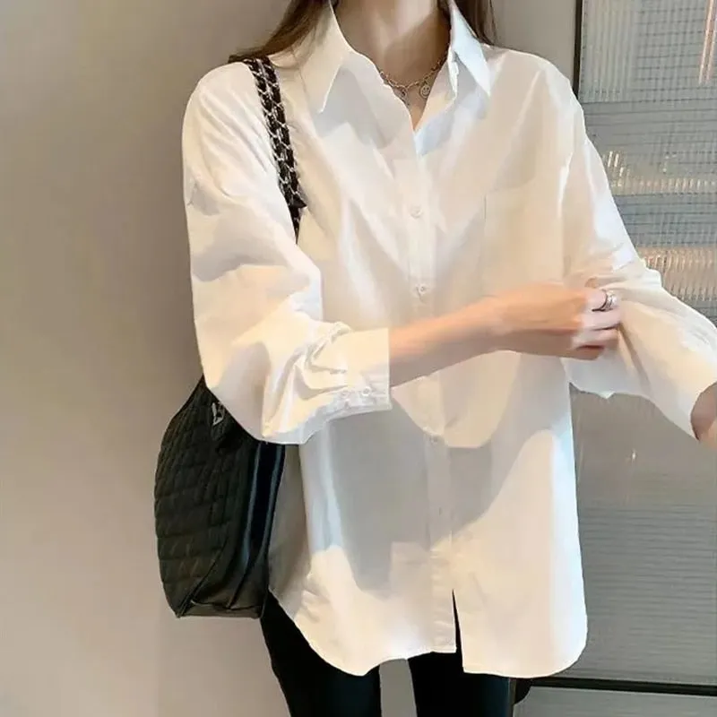 White Women Fall Shirts Temperament OL Long Sleeve Button Up Loose Shirts All Match Korean Fashion Turn Down Collar Tops