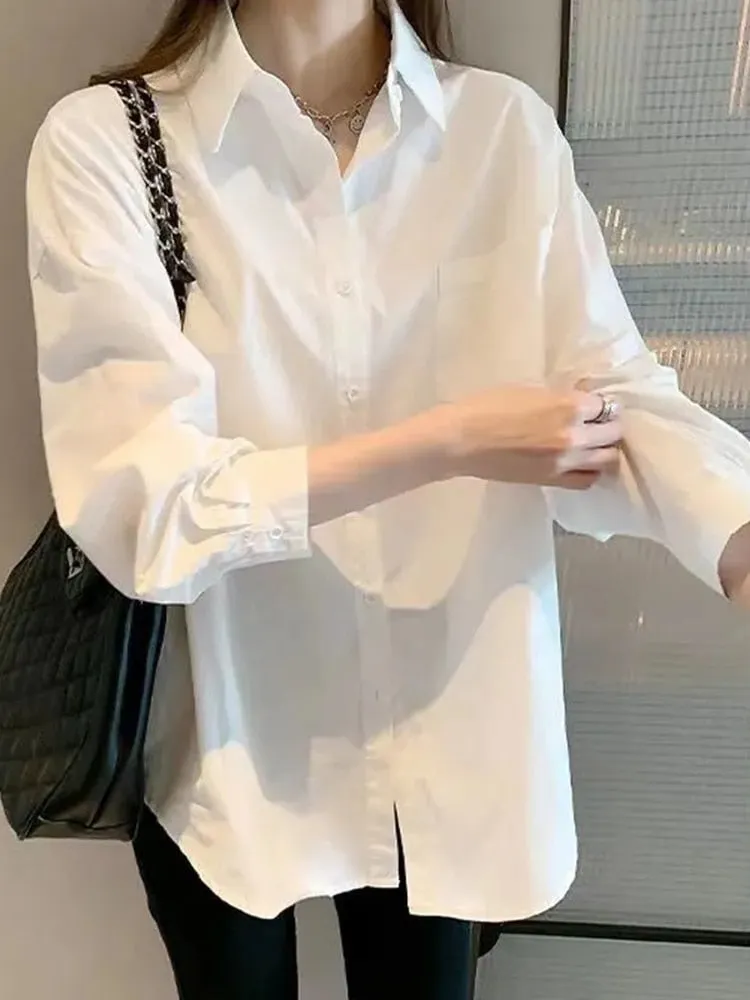 White Women Fall Shirts Temperament OL Long Sleeve Button Up Loose Shirts All Match Korean Fashion Turn Down Collar Tops