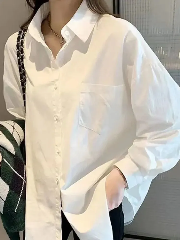 White Women Fall Shirts Temperament OL Long Sleeve Button Up Loose Shirts All Match Korean Fashion Turn Down Collar Tops