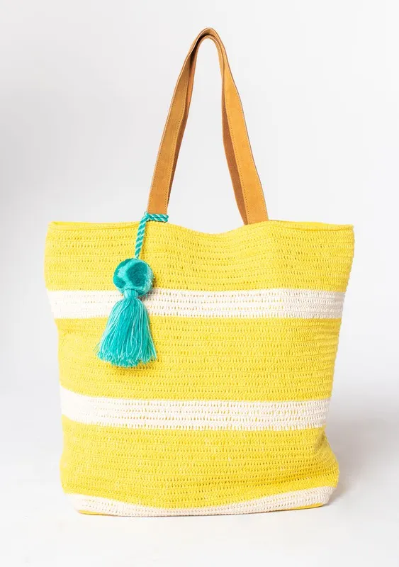 Yellow Woven Striped Beach Tote