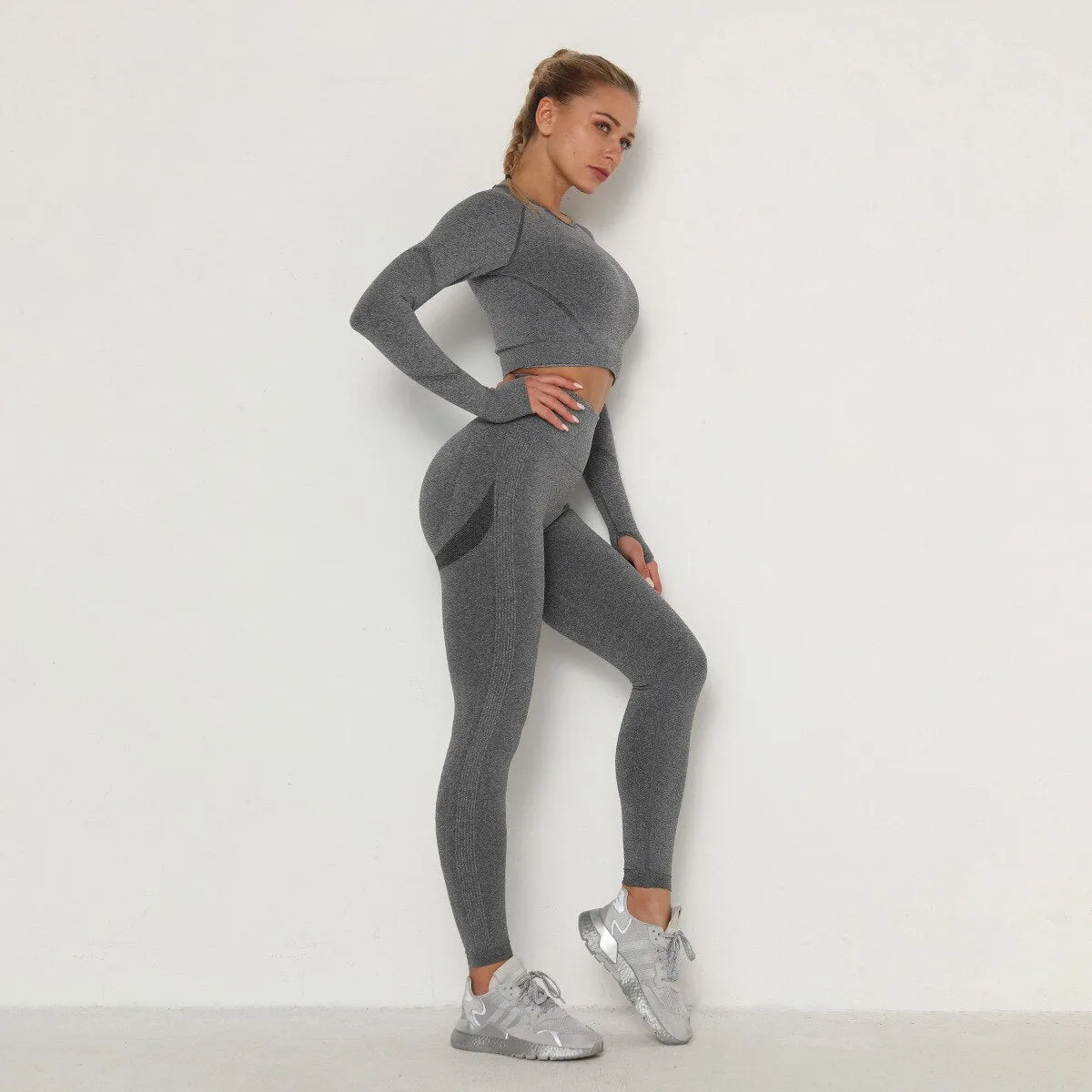 Yoga suit Seamless Long sleeve female Crop Top High Waist Vitality Quick Dry Peach Hip Leggings gym workout clothes