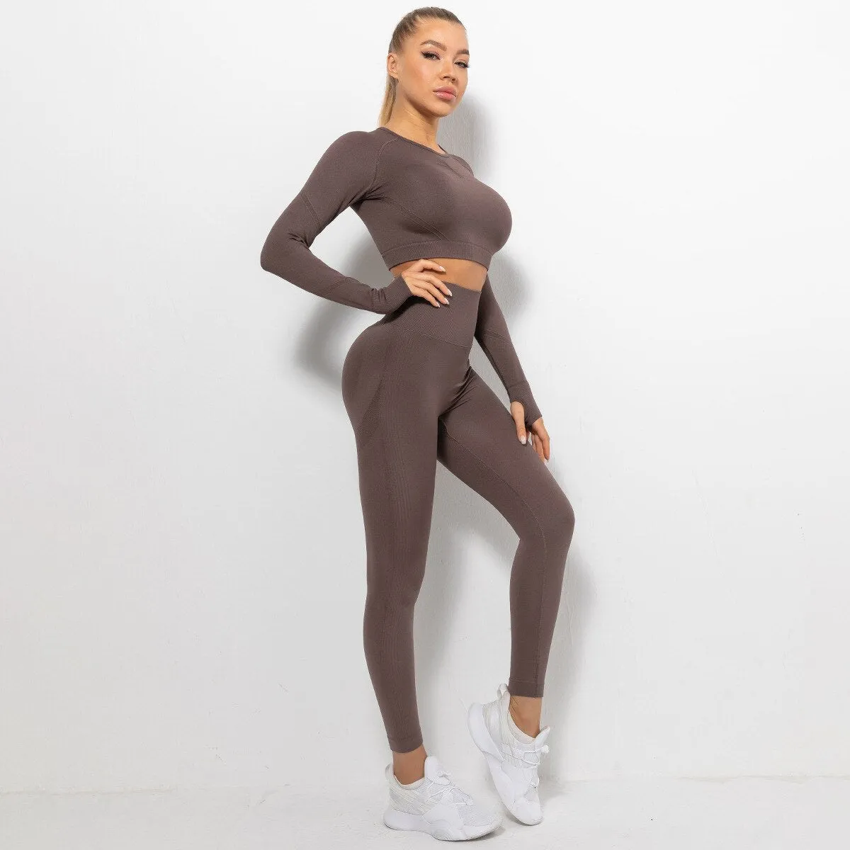 Yoga suit Seamless Long sleeve female Crop Top High Waist Vitality Quick Dry Peach Hip Leggings gym workout clothes